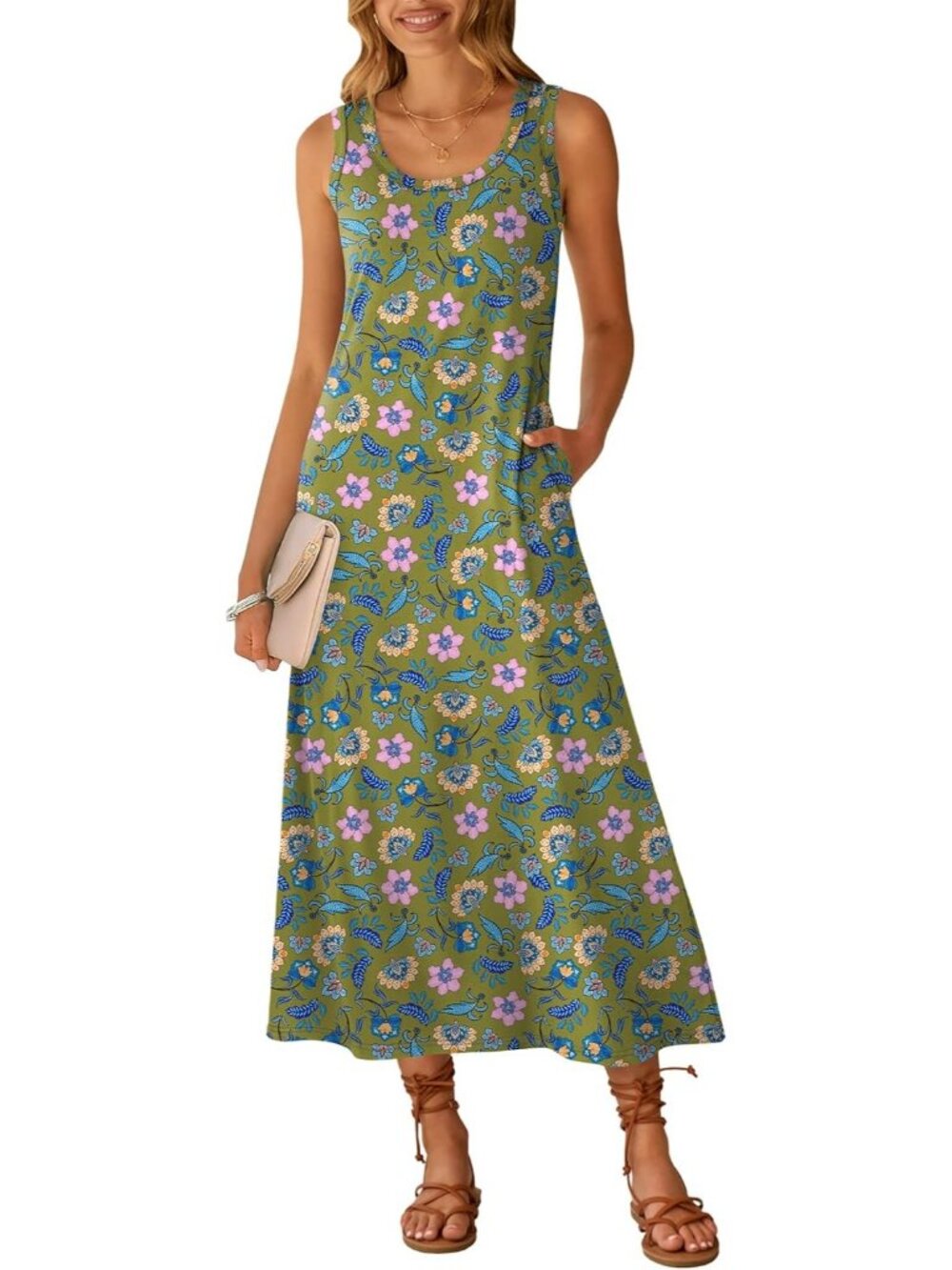 Women's Green Print Scoop Neck Sleeveless Long Tank Maxi Dress Summer Sundress